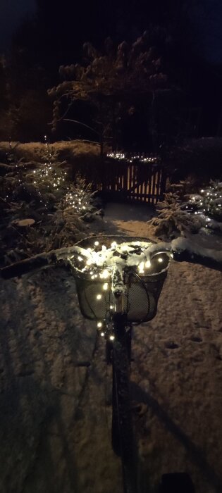 Cykel med ljusslinga i snöig trädgård med julbelysning på buskar och träd i mörkret.