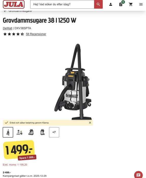 Dewalt grovdammsugare 38L 1250W från Jula, avbildad med erbjudandepris 1499 kr.