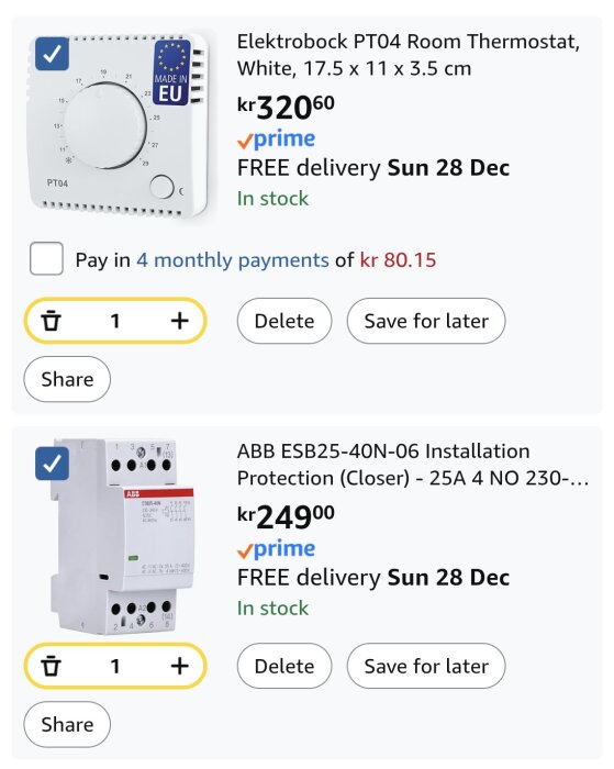 Bild av två produkter från Amazon: En vit Elektrobock PT04 rumstermostat och ABB installation skyddsenhet, med pris och leveransinformation.