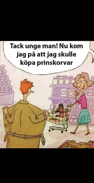 Tecknad bild av en man i kappa som avslöjar prinskorvar, medan en leende kvinna med kundvagn tackar honom i en butik.