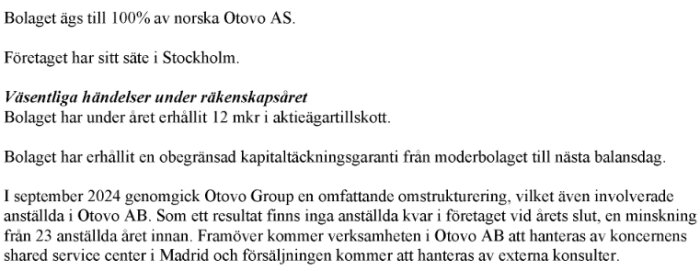 Årsredovisning 2024: Otovo AB:s omstrukturering och personalminskning, beskrivning av moderbolagets kapitaltillskott och framtida förändringar.