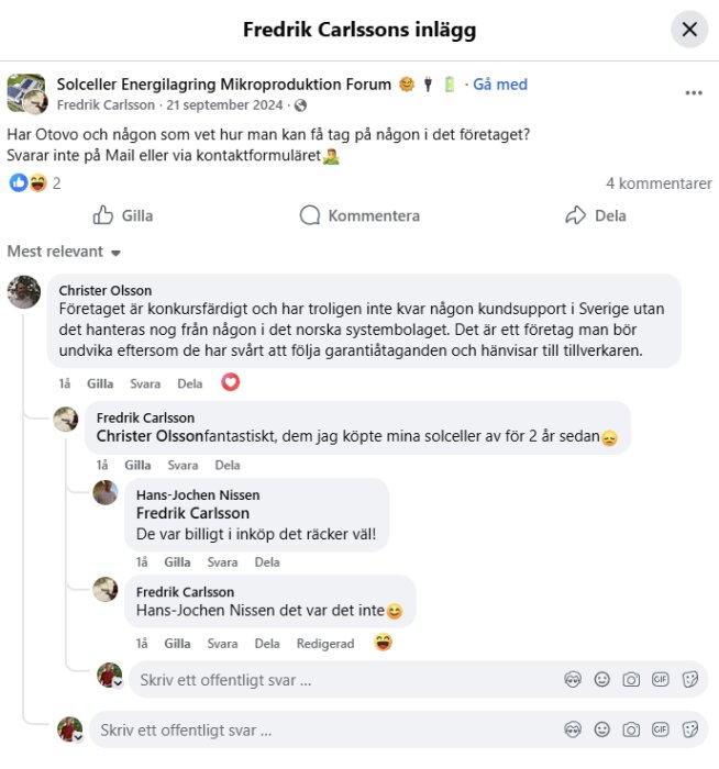 Diskussionstråd om företaget Otovo på ett forum för solcellsproduktion, där en användare frågar om kontaktmöjligheter och andra svarar angående företagets status.