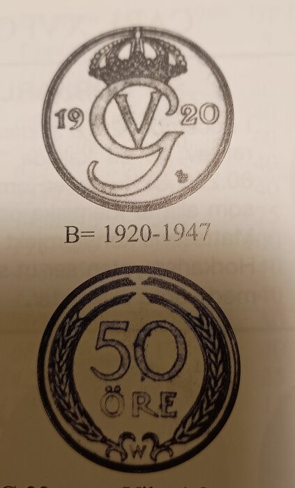 Två svenska mynt: ett 1920-monogram med krona, och ett 50-öring med veteax. Period markerad som B=1920-1947.