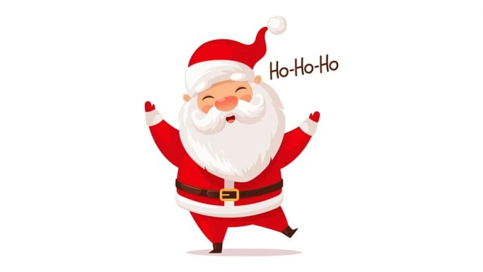 En tecknad bild av jultomten, klädd i röd dräkt, som ler och utropar "Ho-Ho-Ho".