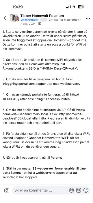 Instruktioner för att aktivera service mode och ansluta till Homevolt WiFi-accesspunkt via webbläsare steg för steg.