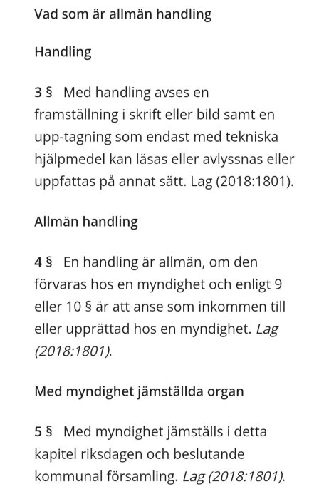 Textutdrag från lag 2018:1801 om allmän handling och myndighetens ansvar i svenska lagar.