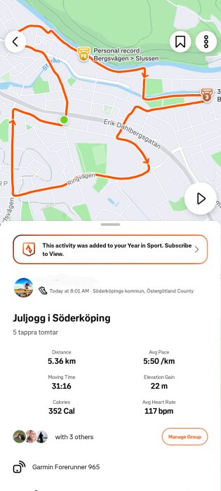 Karta över en löptur i Söderköping, med sträcka 5,36 km, medelhastighet 5:50/km och höjdökning 22 m. Garmin Forerunner 965 användes.