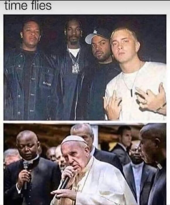 En jämförelsebild av fyra musiker ovan och en grupp ledd av en religiös ledare som talar i mikrofon nedan.