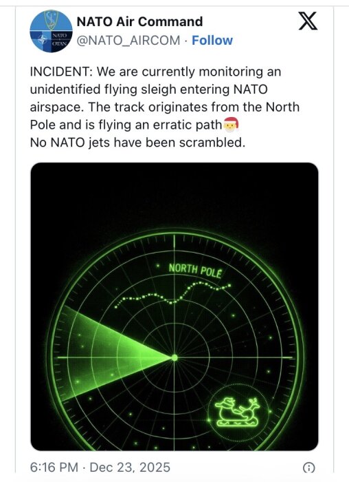 Radarbild visar oidentifierad flygande släde nära Nordpolen på inkonsekvent kurs.