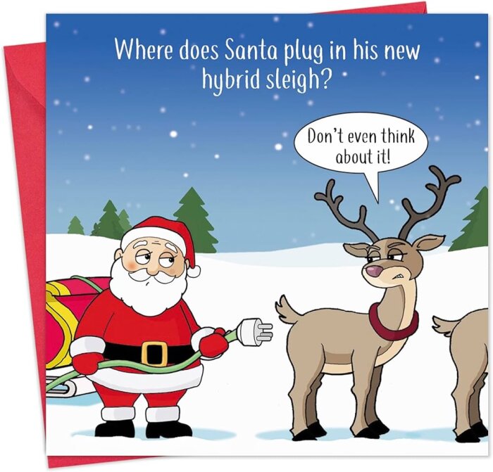 Tomten i snölandskap håller i en kontakt för hybridsläde, renen säger "Don't even think about it!". Rolig julkortsteckning.