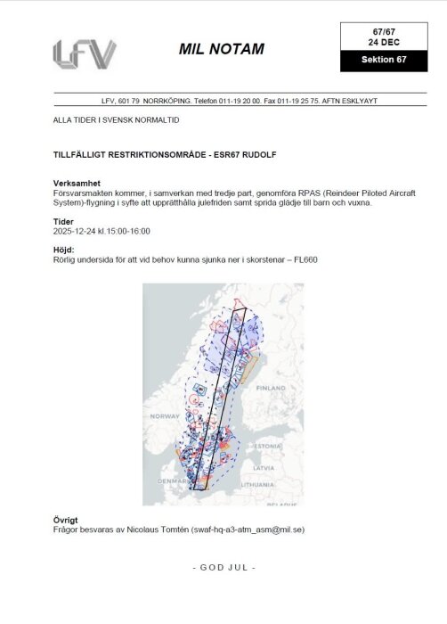 Flygnotam med tillfälligt restriktionsområde över Sverige för RPAS-flygning den 24 december, med karta över luftrummet.