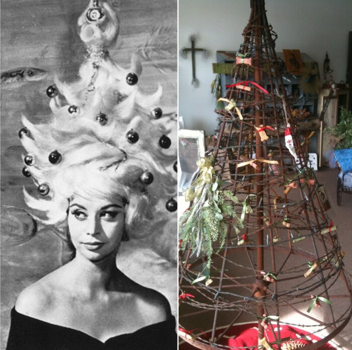 Svartvit bild av en kvinna med håret stylat som en julgran. Bild bredvid av en rustik metalljulgran dekorerad med band och grönska.