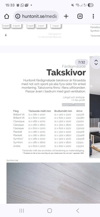 Huntonit takskivor beskrivning, passerade för badrum med god ventilation, med information om mått och artikelnr. Gråbränt träpanel visas nederst.