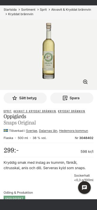 Flaska med Oppigårds Snaps Original, 500 ml, 38% vol, ekologisk, kryddad med kummin, fänkål, citrusskal, anis och dill.