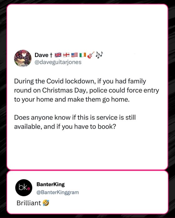 Skärmdump av ett Twitter-inlägg som skämtar om polisens roll under Covid-lockdown och en humoristisk kommentar med en gråtande-skrattande emoji.