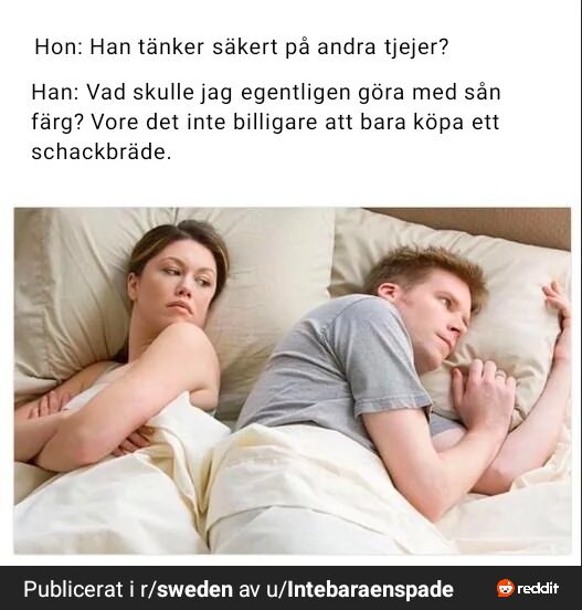 En kvinna och en man ligger i sängen, kvinnan ser irriterad ut och mannen tänker på målarfärg och schackbräde. Text ovanför bilden.