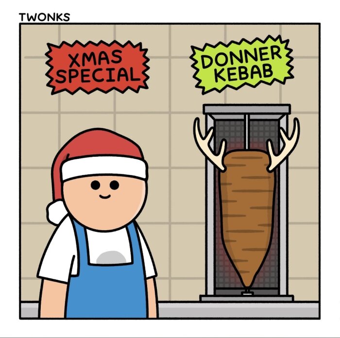 Tecknad figur i tomteluva bredvid en kebabspett märkt "Xmas Special" och "Donner Kebab" med renhorn.