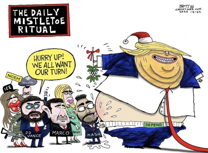 Karikatyr av personer under en mistel i julscen. En person i tomteluva håller misteln, medan andra väntar under. Textruta: "Hurry up! We all want our turn!