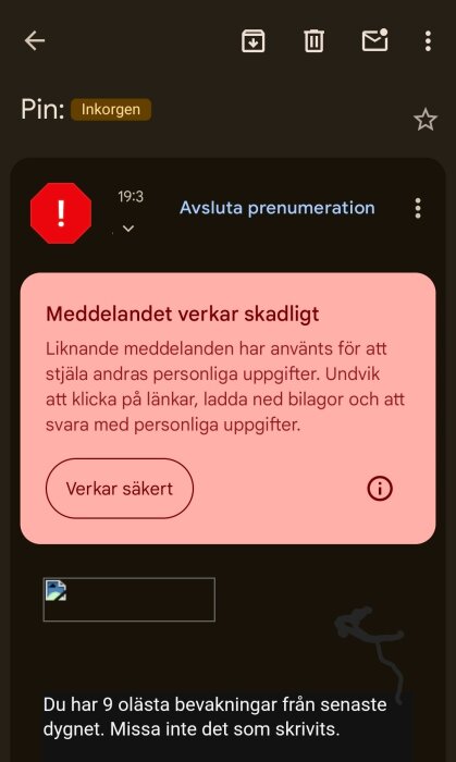 Notis om att ett meddelande anses skadligt av Gmail, med varning om potentiellt phishingförsök.