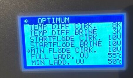 Display med inställningar för cirkulationspump: temp diff cirk., temp diff brine, startflöde cirk., startflöde brine, min flöde cirk., full ladd. vv, min ladd. vv.