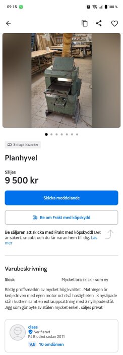 Grön Wadkin planhyvel till salu, stående i ett snickeri med bord och hyllor, text beskriver hög kvalitet och skick.