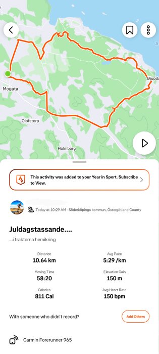 Karta över en löprunda på 10,64 km nära Söderköping, visar rutten med hastighet, höjdökning och kaloriförbrukning från en Garmin Forerunner 965.