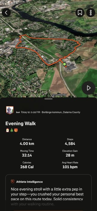 Satellitbild av en gångrutt i Borlänge, Dalarna, 4 km lång. Visar data som tid, steg, kalorier, höjdförändring och medelpuls.