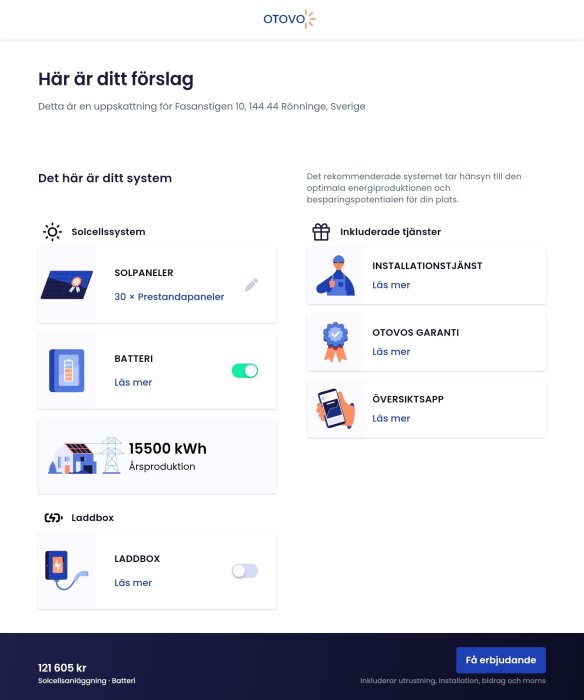 Solcellsoffer från Otovo för en bostad, inkluderar 30 solpaneler, batteri, laddbox, och tjänster som installation och app-översikt, med kostnad 121 605 kr.