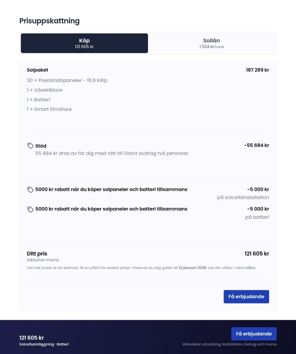 Prisuppskattning av solcellspaket från Otovo med kostnad, avdrag och rabatter, totalt 121 605 kr inklusive moms.