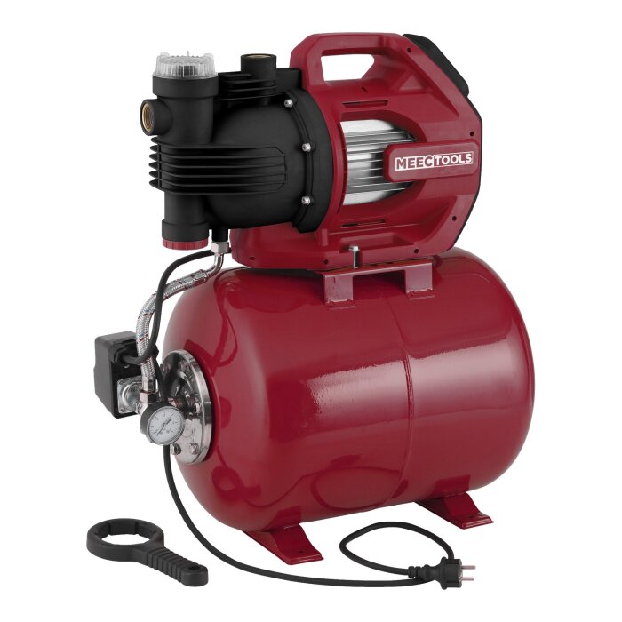 Röd hydropress med integrerad pump och tryckmätare, elsladd och ett verktyg för underhåll intill.