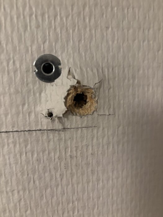 Ett utbuktande hål i en vägg med skadad spånplatta och en mollyplugg bredvid, som inte sitter fast ordentligt.