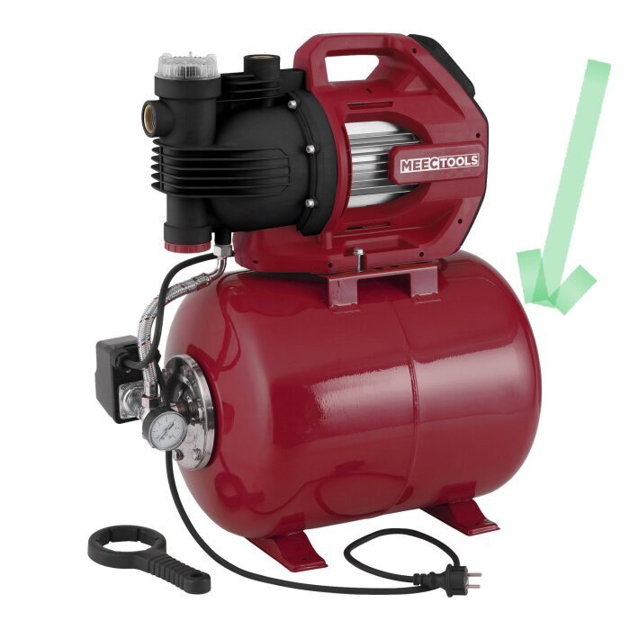 Röd pumpautomat med hydropress och grön pil som pekar på området för pumpnippeln.