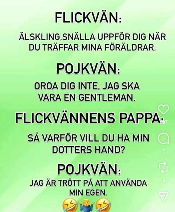 Humoristisk text i dialogform mellan en flickvän, pojkvän och flickvännens pappa. Handlar om pojkvännens beteende inför besök hos flickvännens föräldrar.