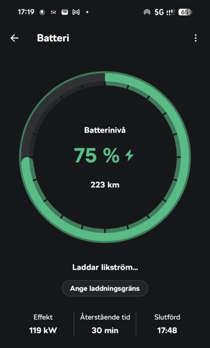 Grafik som visar batterinivå på 75%, 223 km kvar, laddningseffekt 119 kW och estimerad tid 30 min i en elbilsladdarapp.