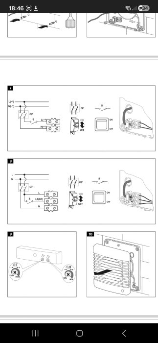Elektriska kopplingsscheman och installationsanvisningar för en fläkt med kontroller för tid och fuktighet i en manual.