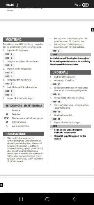 Manualsida för installation och underhåll av en produkt med instruktioner, elkretschema och skötselråd.