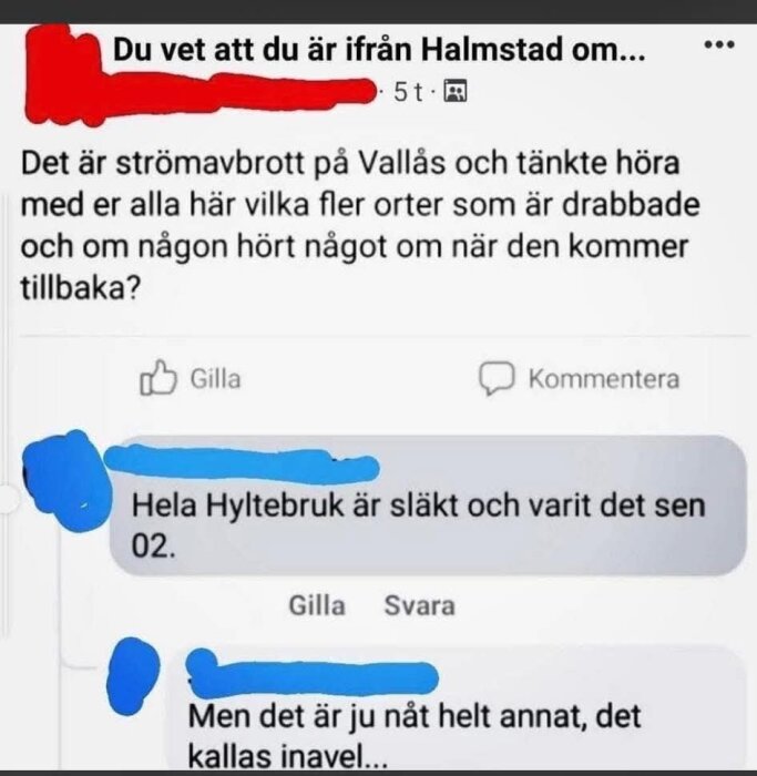 En skärmdump av ett Facebook-inlägg om strömavbrott i Vallås med humoristiska kommentarer angående Hyltebruk.