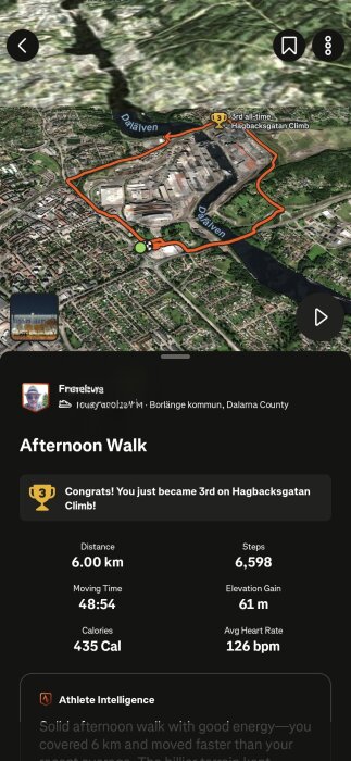 Karta över en 6 km lång promenadrutt i Borlänge, med detaljer om tid, steg, höjdskillnad, kalorier och puls, samt en utmärkelse för tredje plats.