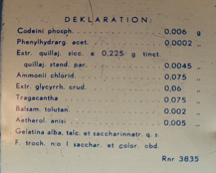 Ingrediensförteckning för halstabletter med kodein och fenylkvicksilveracetat listade.