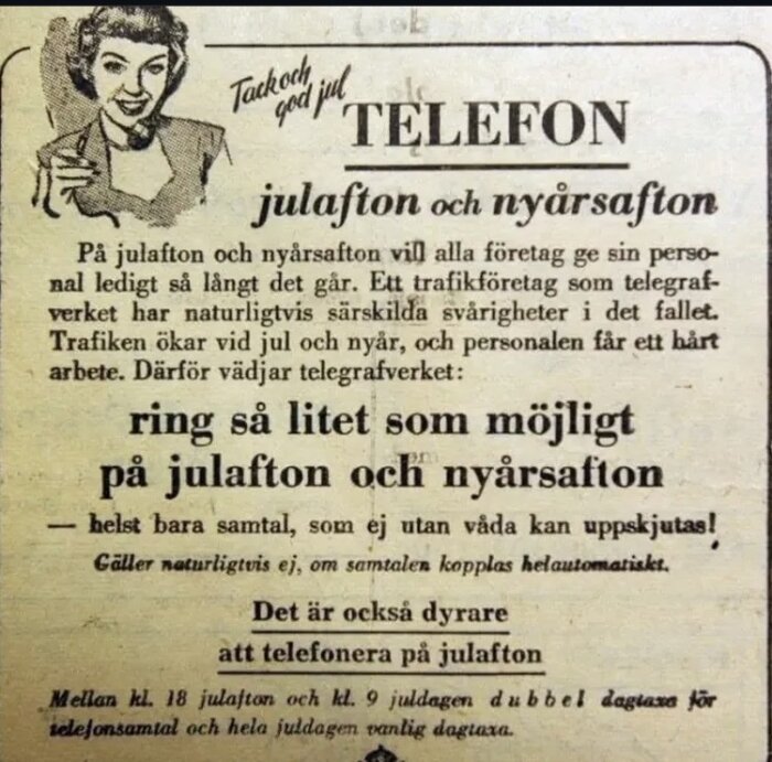 Gammalt telegrafmeddelande från Telefonverket med begäran om att minska telefonsamtal på julafton och nyårsafton samt påverkan på taxor.