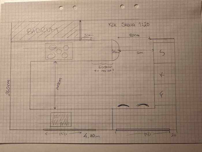 Ritning av badrum och kök med mått och planlösning. Badrum i övre vänstra hörnet, kök med U-form, skala 1:20. Mått inkluderar 140 cm och 260 cm.