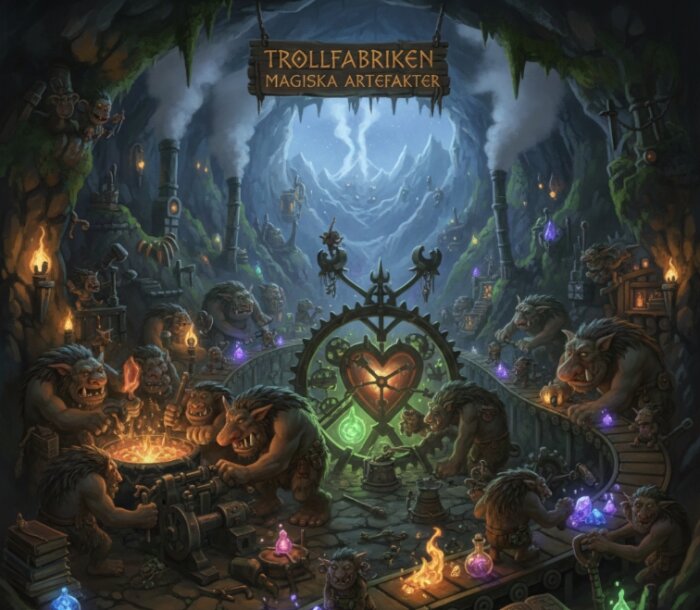 Scen från trollfabrik, med troll som arbetar med magiska brygder och artefakter i en grottmiljö med mystisk atmosfär.