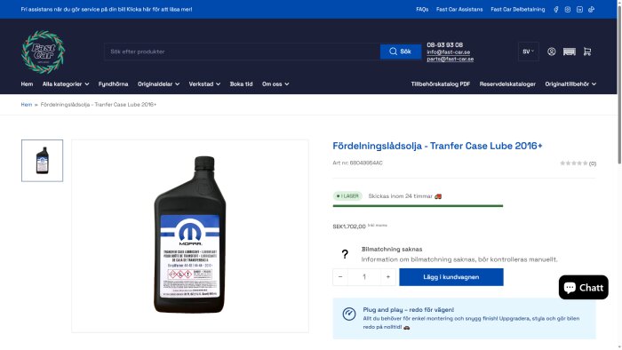 Flaska med Mopar Transfer Case Lube 2016+, en fördelningslådsolja, på en webbshop med pris 1.702 kr/L.