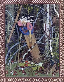 En färgglad illustration av en häxa i en morter, omgiven av skog och svampar, inspirerad av slavisk folklore.