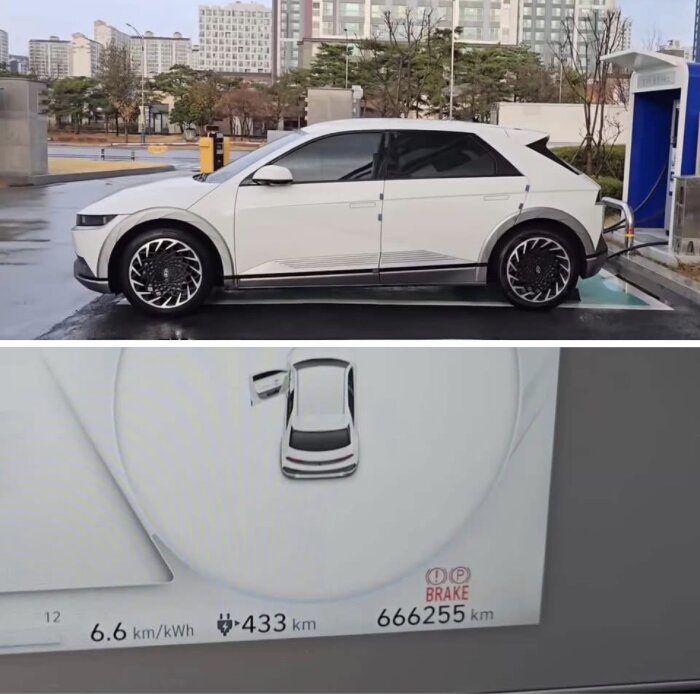 Vit Ioniq 5 elbil som laddas vid station, med instrumentpanel som visar 6,6 km/kWh och räckvidd på 433 km. Total körsträcka: 666255 km.