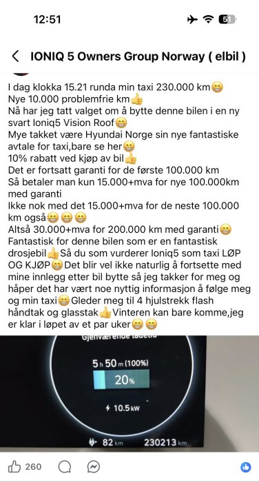 Display på en IONIQ 5 som visar 20% batterikapacitet, 82 km kvar att köra, total körsträcka 230213 km och laddningseffekt på 10,5 kW.