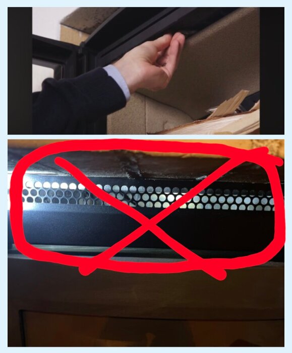 Interiör av kamin med rödmarkerat och överkorsat utrymme, indikerar var man inte ska elda tändpåsar ovanför kassetten.