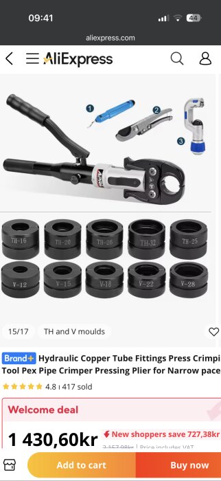 Hydraulisk pressverktyg med olika stansar och skärverktyg för kopparrör, visas på AliExpress produktbild.