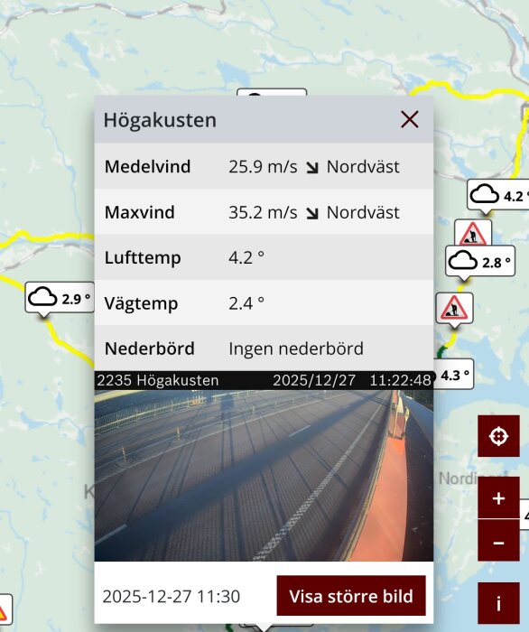 Väderinformation för Höga Kusten med medelvind 25,9 m/s nordväst, maxvind 35,2 m/s, och lufttemp 4,2°C. Bild på broväg utan nederbörd.