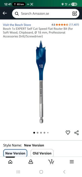Bosch 18 mm självspännande flatfräsborr för mjukt trä och spånskiva, med texten "EXPERT" på skaftet.